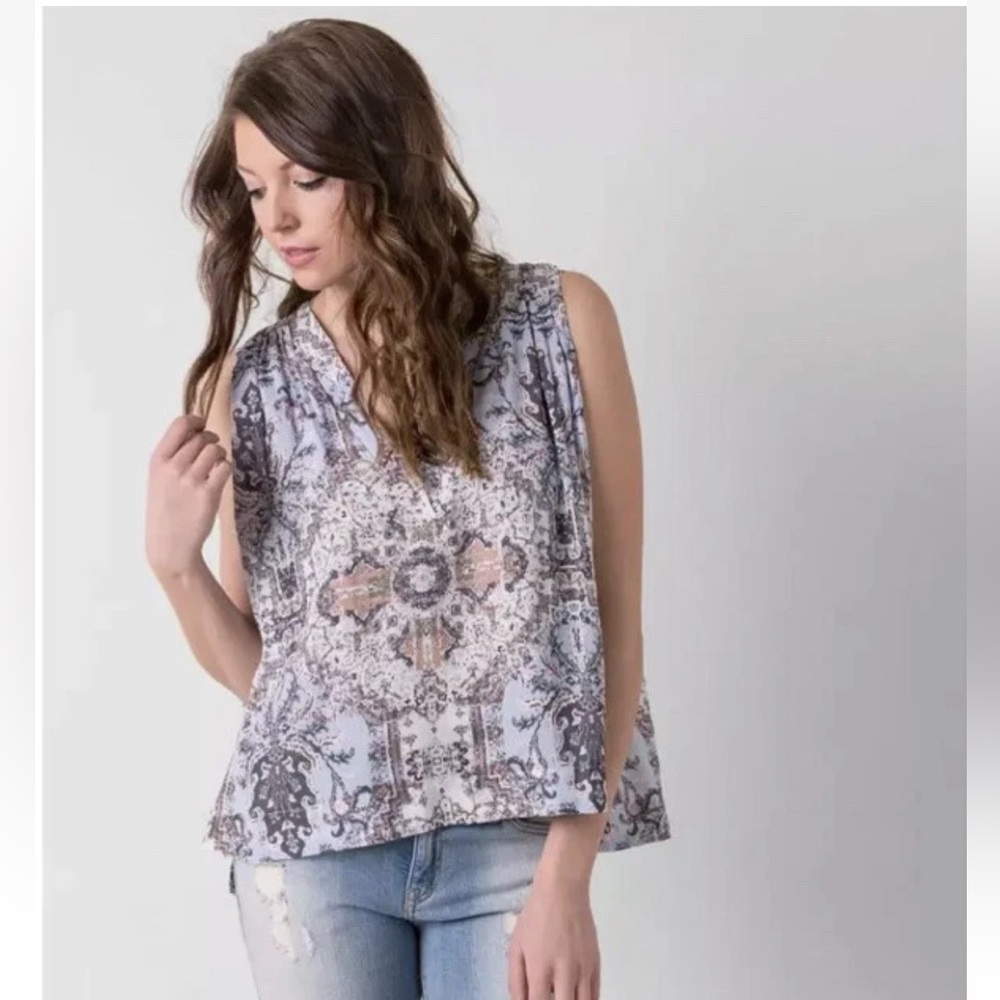 Free People Darcey Boho Sleeveless Lined Blue and Brown Patterned Women’s Blouse